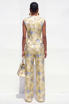 2 Piece Yellow Flower Single Breasted V-Neck Business Suits with Pockets