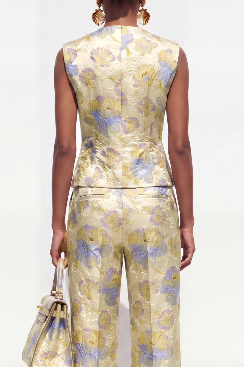 Load image into Gallery viewer, 2 Piece Yellow Flower Single Breasted V-Neck Business Suits with Pockets