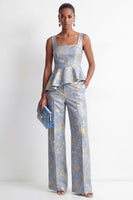 Load image into Gallery viewer, Grey Blue Floral 2 Piece Square Neck Ruffled Business Suits with Pockets