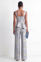 Load image into Gallery viewer, Grey Blue Floral 2 Piece Square Neck Ruffled Business Suits with Pockets