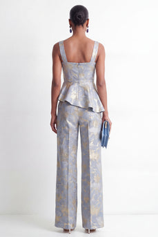 Grey Blue Floral 2 Piece Square Neck Ruffled Business Suits with Pockets