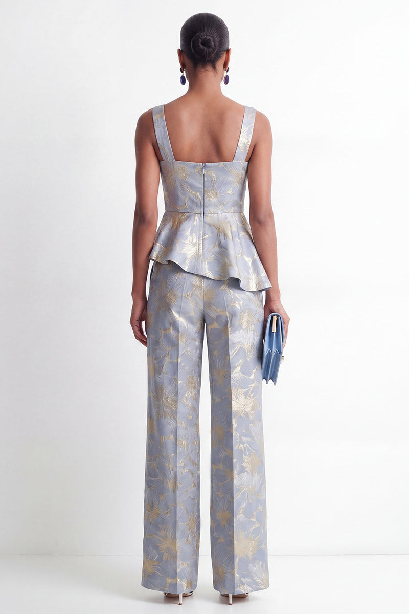 Load image into Gallery viewer, Grey Blue Floral 2 Piece Square Neck Ruffled Business Suits with Pockets