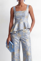 Load image into Gallery viewer, Grey Blue Floral 2 Piece Square Neck Ruffled Business Suits with Pockets