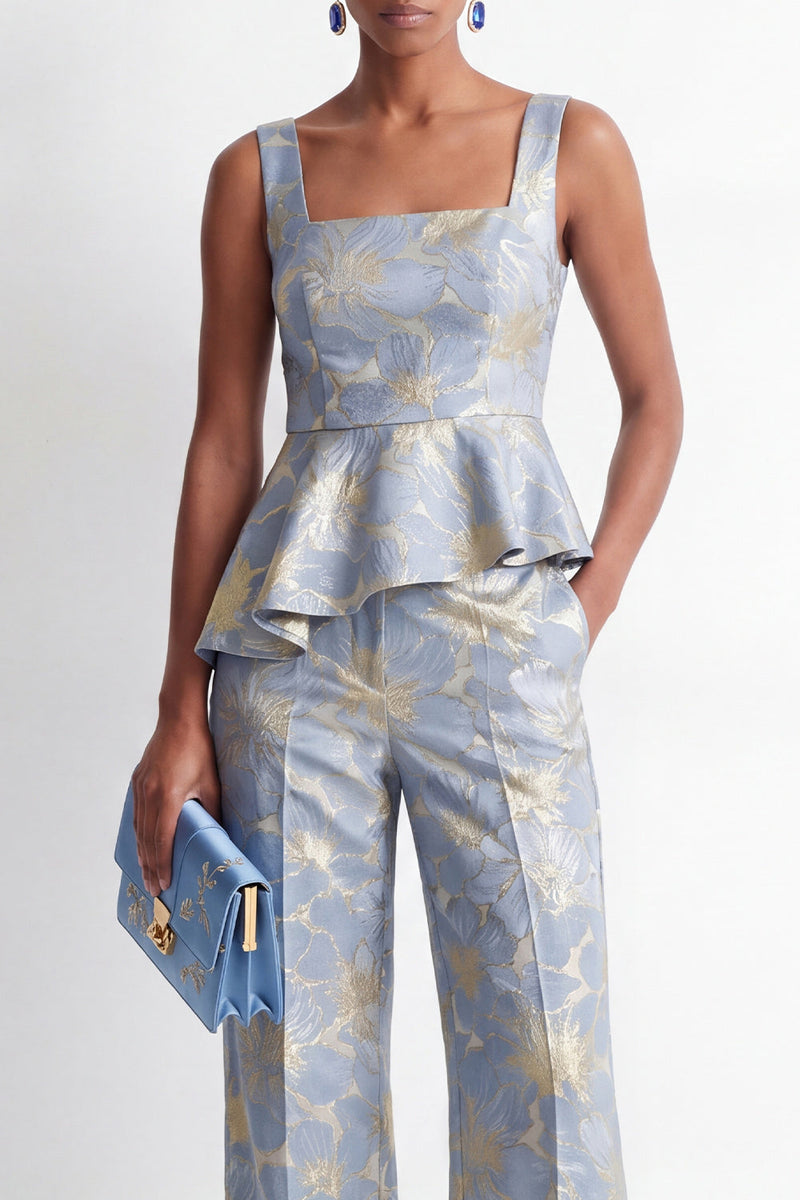 Load image into Gallery viewer, Grey Blue Floral 2 Piece Square Neck Ruffled Business Suits with Pockets