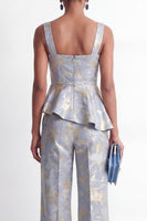 Load image into Gallery viewer, Grey Blue Floral 2 Piece Square Neck Ruffled Business Suits with Pockets