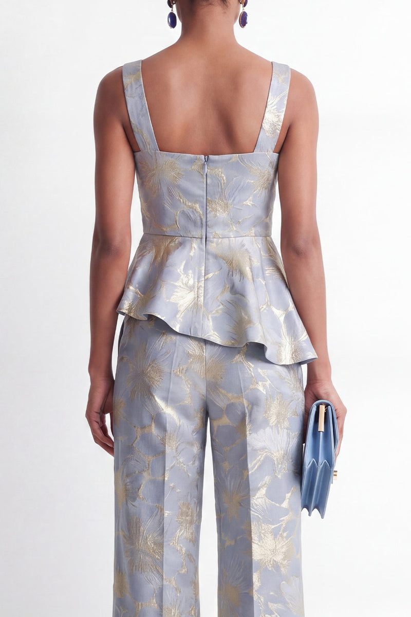 Load image into Gallery viewer, Grey Blue Floral 2 Piece Square Neck Ruffled Business Suits with Pockets