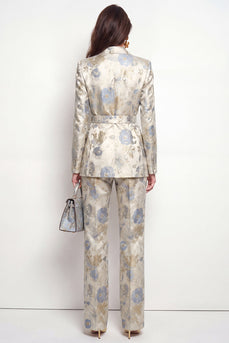 Grey Blue Flower Peak Lapel 2 Piece Business Suits with Pockets