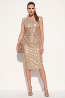 Load image into Gallery viewer, Sparkly Golden Midi Beaded Round Neck Ruched Work Dress