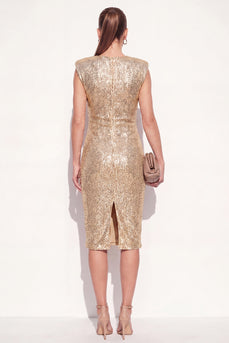Sparkly Golden Midi Beaded Round Neck Ruched Work Dress