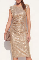 Load image into Gallery viewer, Sparkly Golden Midi Beaded Round Neck Ruched Work Dress