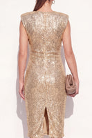 Load image into Gallery viewer, Sparkly Golden Midi Beaded Round Neck Ruched Work Dress