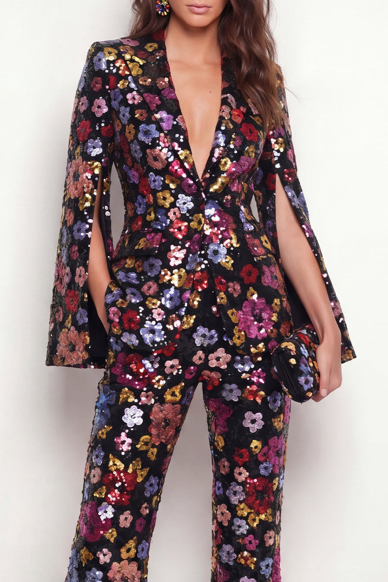 Load image into Gallery viewer, Black 2 Piece Peak Lapel Single Breasted Floral Business Suits with Pockets