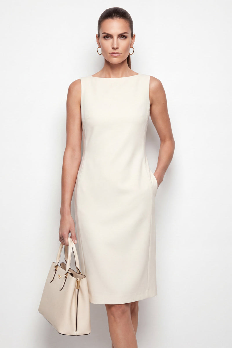 Load image into Gallery viewer, Boat Neck Ivory Midi Work Dress with Pockets