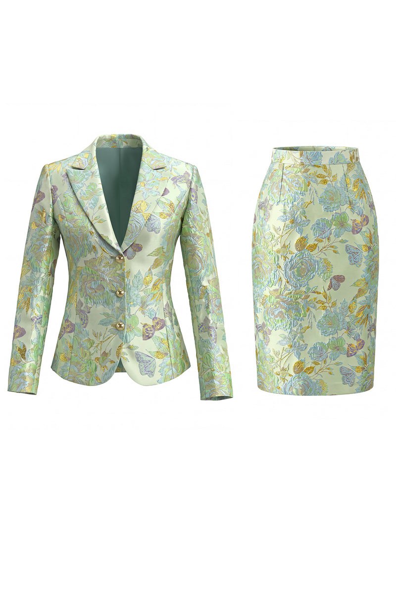 Load image into Gallery viewer, Green Flower 2 Piece Peak Lapel Midi Single Breasted Business Suits
