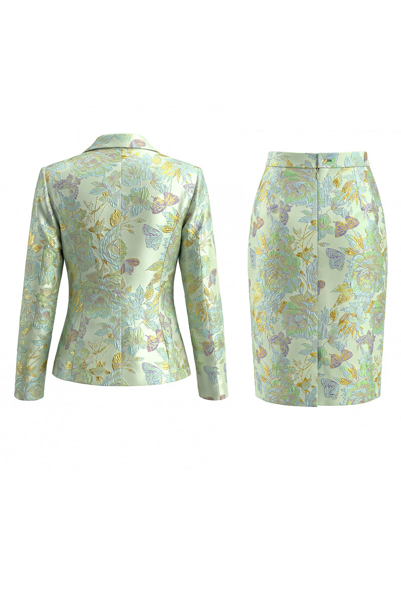 Load image into Gallery viewer, Green Flower 2 Piece Peak Lapel Midi Single Breasted Business Suits