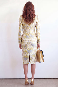Yellow Flower 2 Piece Peak Lapel Midi Single Breasted Business Suits