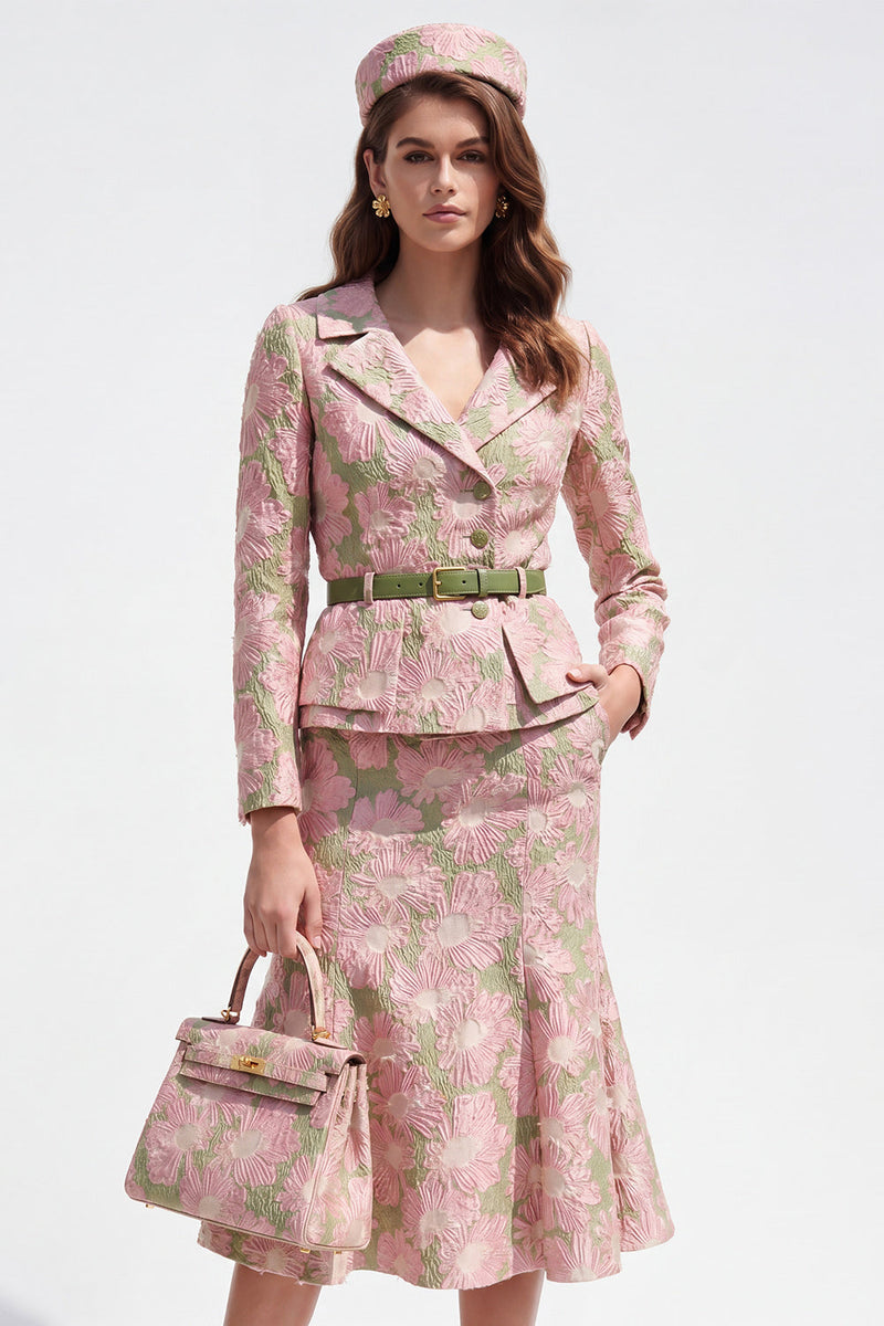 Load image into Gallery viewer, Green Pink Flower 2 Piece Notched Lapel Single Breasted Midi Business Suits