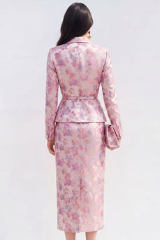 Pink Fuchsia Flower Midi Peak Lapel 2 Piece Single Breasted Business Suits