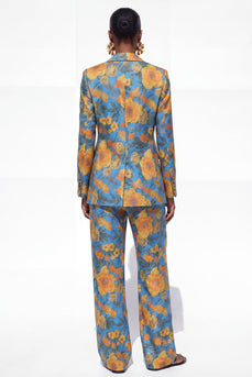 Blue Floral 2 Piece Notched Lapel Single Breasted Business Suits with Pockets