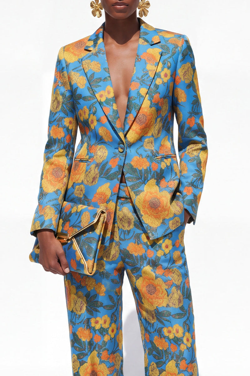 Load image into Gallery viewer, Blue Floral 2 Piece Notched Lapel Single Breasted Business Suits with Pockets