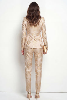 Floral Golden 2 Piece Peak Lapel Single Breasted Business Suits with Pockets