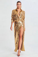 Load image into Gallery viewer, Sparkly Golden Sequin Metallic 2 Piece Long Prom Suits with Slit