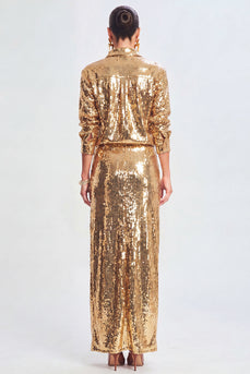 Sparkly Golden Sequin Metallic 2 Piece Long Prom Suits with Slit