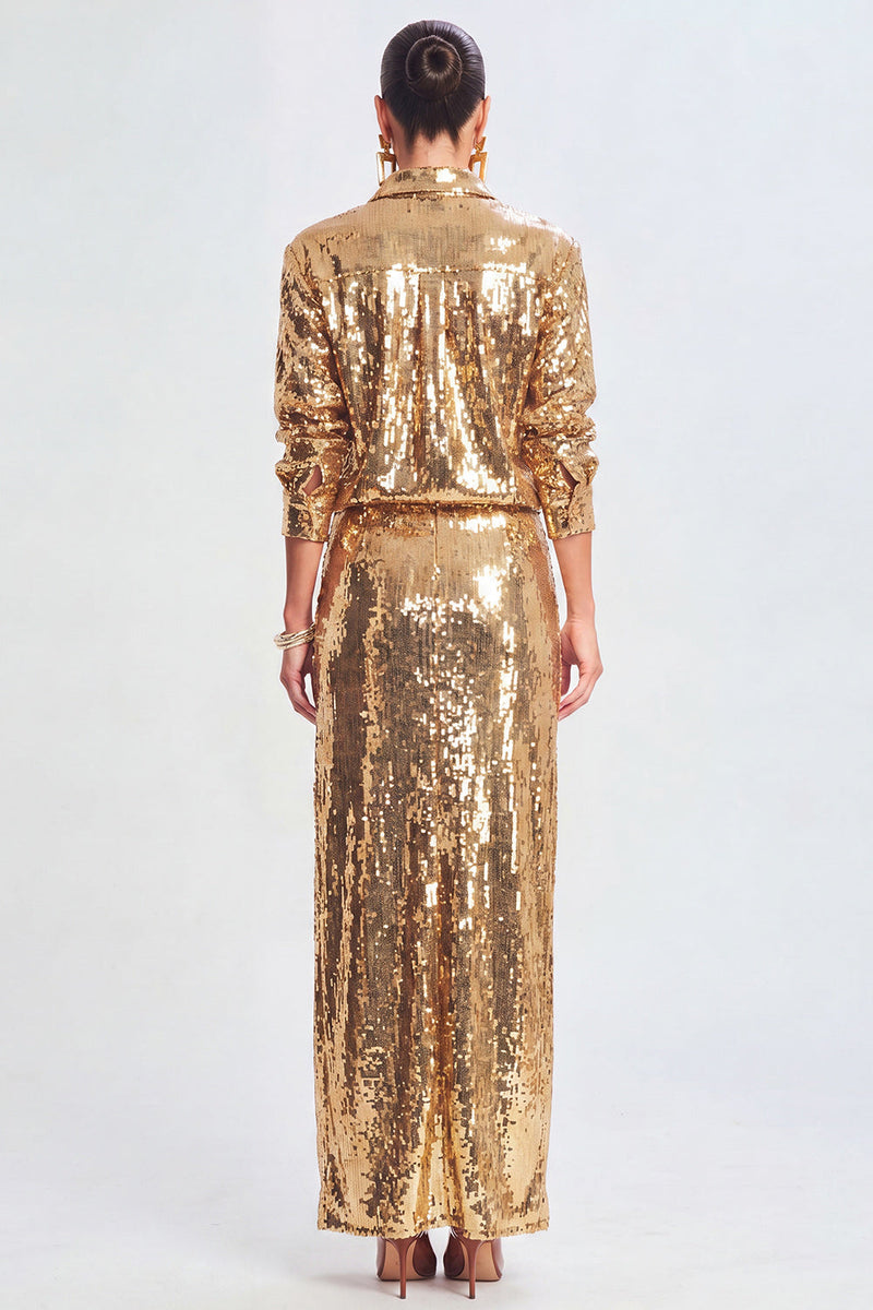 Load image into Gallery viewer, Sparkly Golden Sequin Metallic 2 Piece Long Prom Suits with Slit