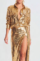 Load image into Gallery viewer, Sparkly Golden Sequin Metallic 2 Piece Long Prom Suits with Slit