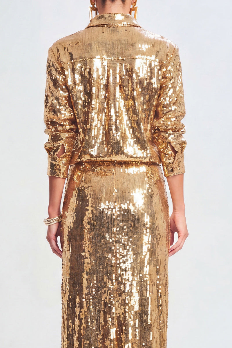 Load image into Gallery viewer, Sparkly Golden Sequin Metallic 2 Piece Long Prom Suits with Slit