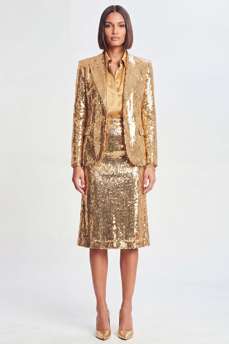 Load image into Gallery viewer, Sparkly Golden Sequin Metallic 2 Piece Peak Lapel Midi Prom Suits