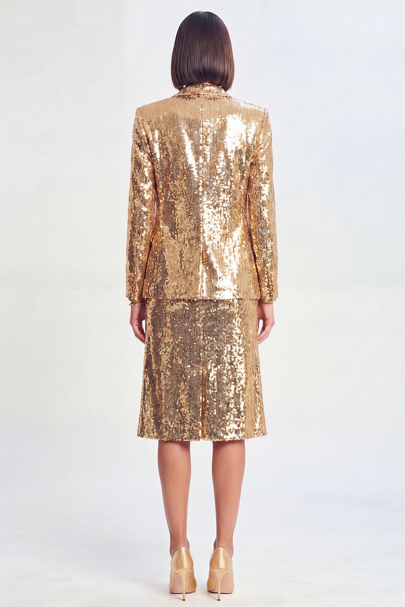 Load image into Gallery viewer, Sparkly Golden Sequin Metallic 2 Piece Peak Lapel Midi Prom Suits
