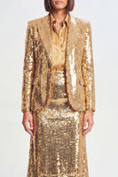 Load image into Gallery viewer, Sparkly Golden Sequin Metallic 2 Piece Peak Lapel Midi Prom Suits