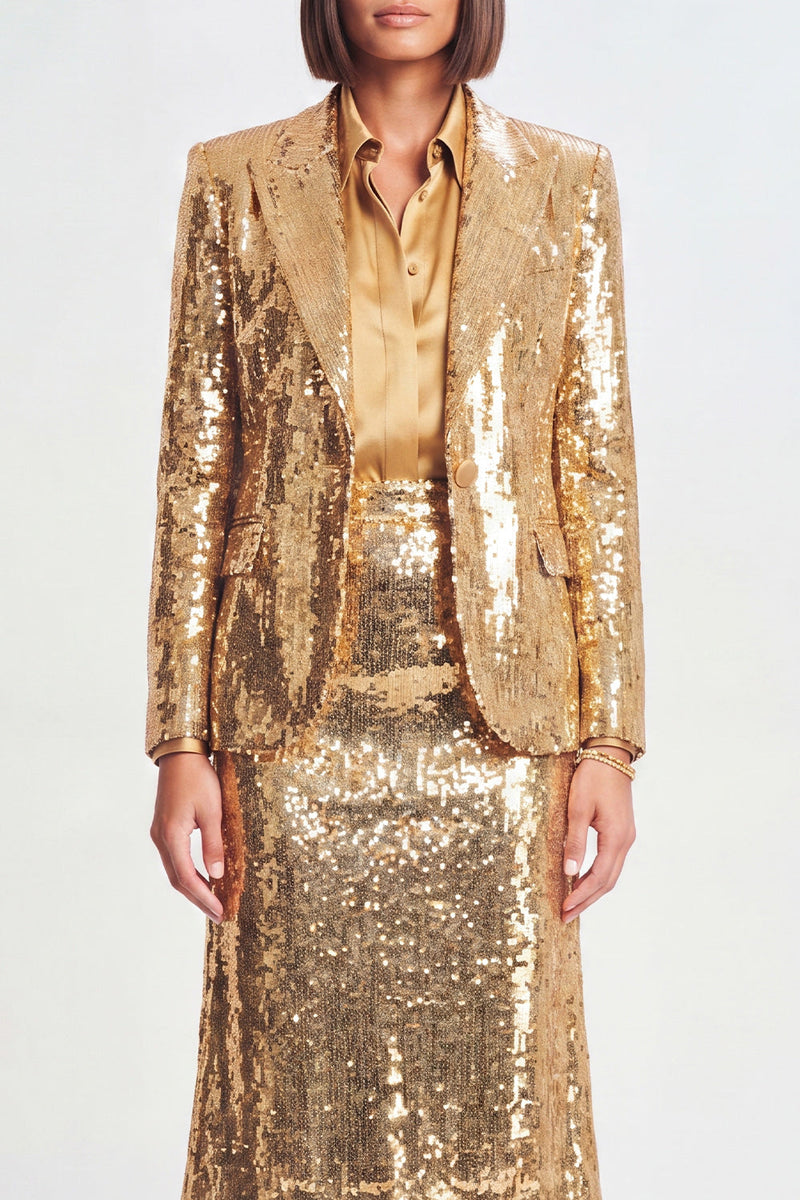 Load image into Gallery viewer, Sparkly Golden Sequin Metallic 2 Piece Peak Lapel Midi Prom Suits