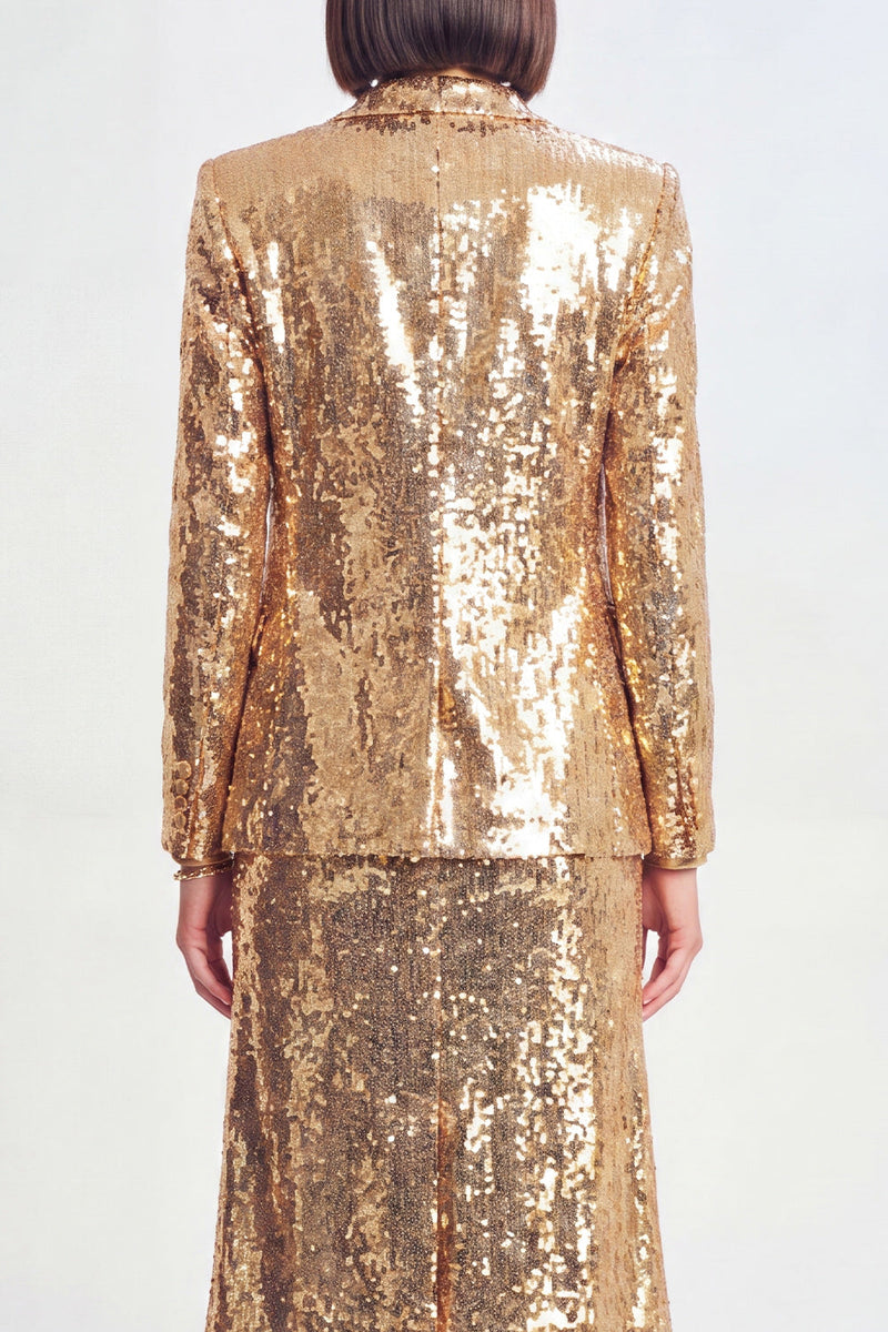 Load image into Gallery viewer, Sparkly Golden Sequin Metallic 2 Piece Peak Lapel Midi Prom Suits