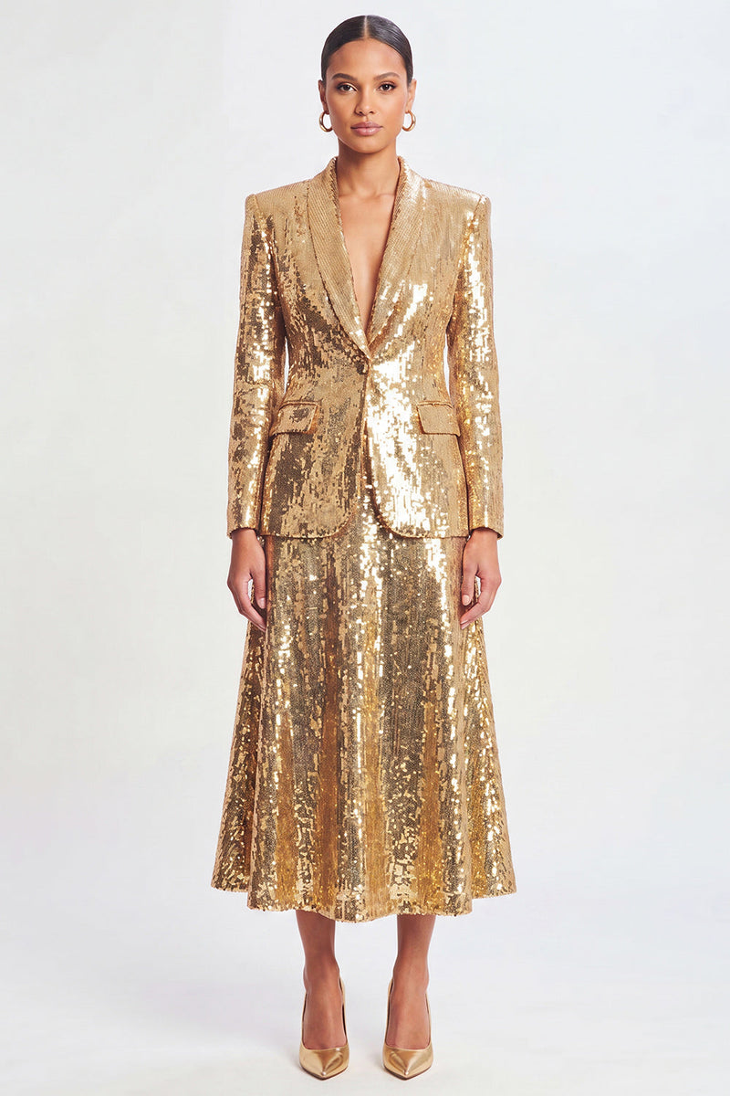 Load image into Gallery viewer, Sparkly Sequin Golden 2 Piece Shawl Lapel Metallic Long Prom Suits
