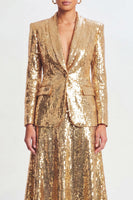 Load image into Gallery viewer, Sparkly Sequin Golden 2 Piece Shawl Lapel Metallic Long Prom Suits