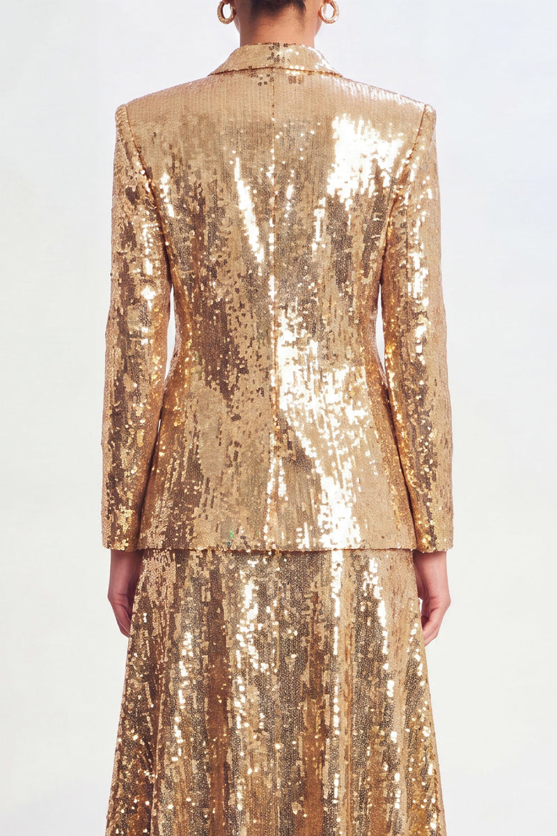Load image into Gallery viewer, Sparkly Sequin Golden 2 Piece Shawl Lapel Metallic Long Prom Suits