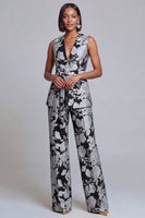 Load image into Gallery viewer, 2 Piece Floral Navy Pink V-Neck Prom Suits