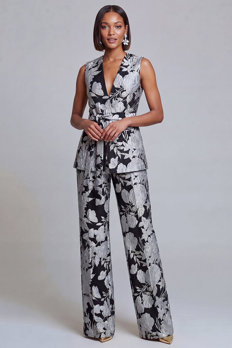 Load image into Gallery viewer, 2 Piece Floral Navy Pink V-Neck Prom Suits