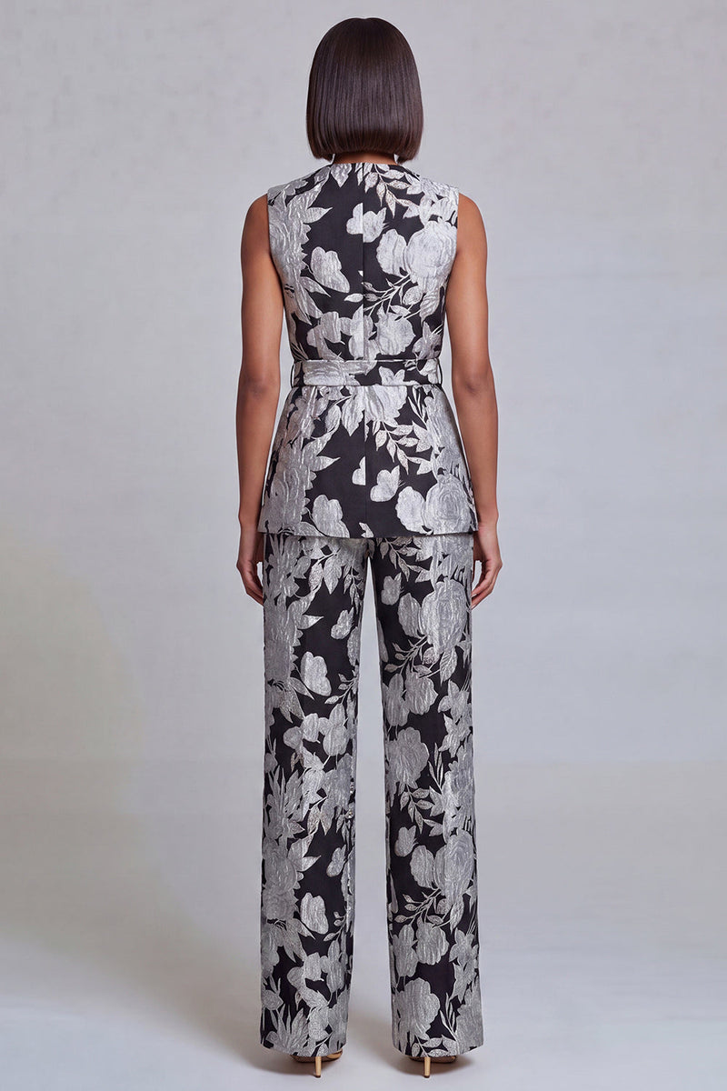 Load image into Gallery viewer, 2 Piece Floral Navy Pink V-Neck Prom Suits