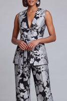 Load image into Gallery viewer, 2 Piece Floral Navy Pink V-Neck Prom Suits