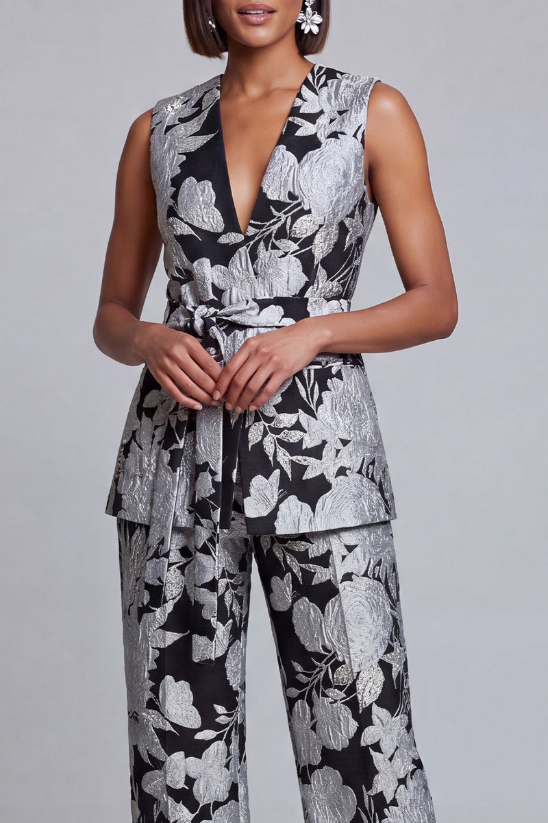 Load image into Gallery viewer, 2 Piece Floral Navy Pink V-Neck Prom Suits