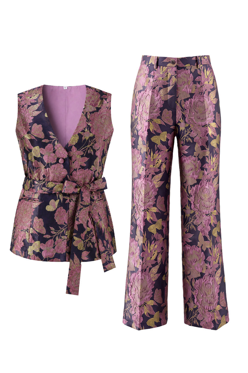 Load image into Gallery viewer, 2 Piece Floral Navy Pink V-Neck Prom Suits