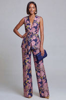 Load image into Gallery viewer, 2 Piece Floral Navy Pink V-Neck Prom Suits