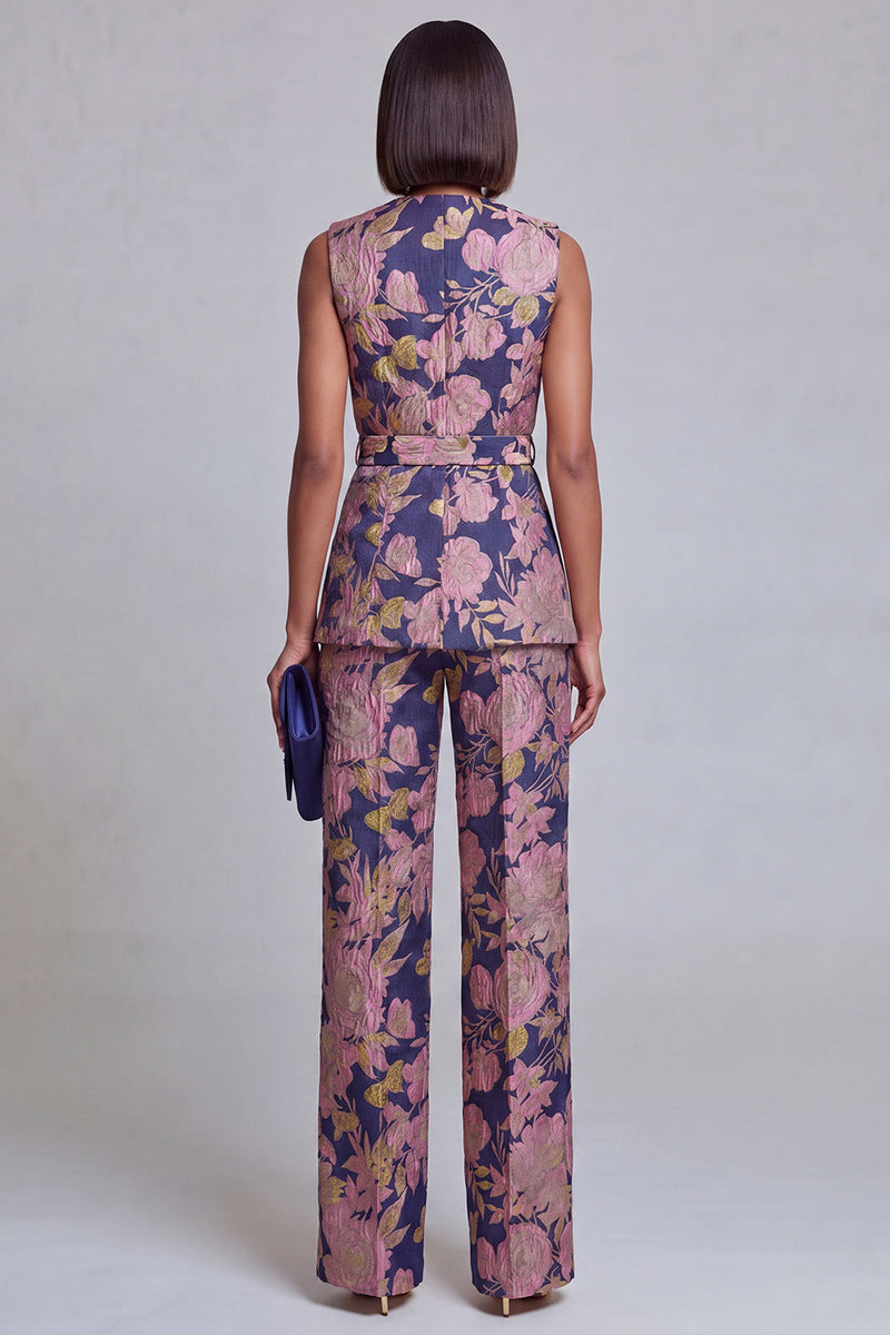 Load image into Gallery viewer, 2 Piece Floral Navy Pink V-Neck Prom Suits