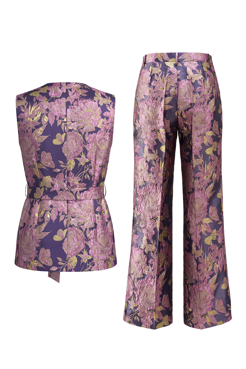 Load image into Gallery viewer, 2 Piece Floral Navy Pink V-Neck Prom Suits