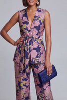 Load image into Gallery viewer, 2 Piece Floral Navy Pink V-Neck Prom Suits