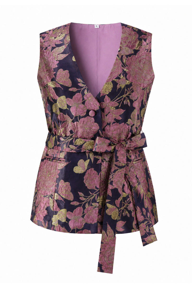 Load image into Gallery viewer, 2 Piece Floral Navy Pink V-Neck Prom Suits