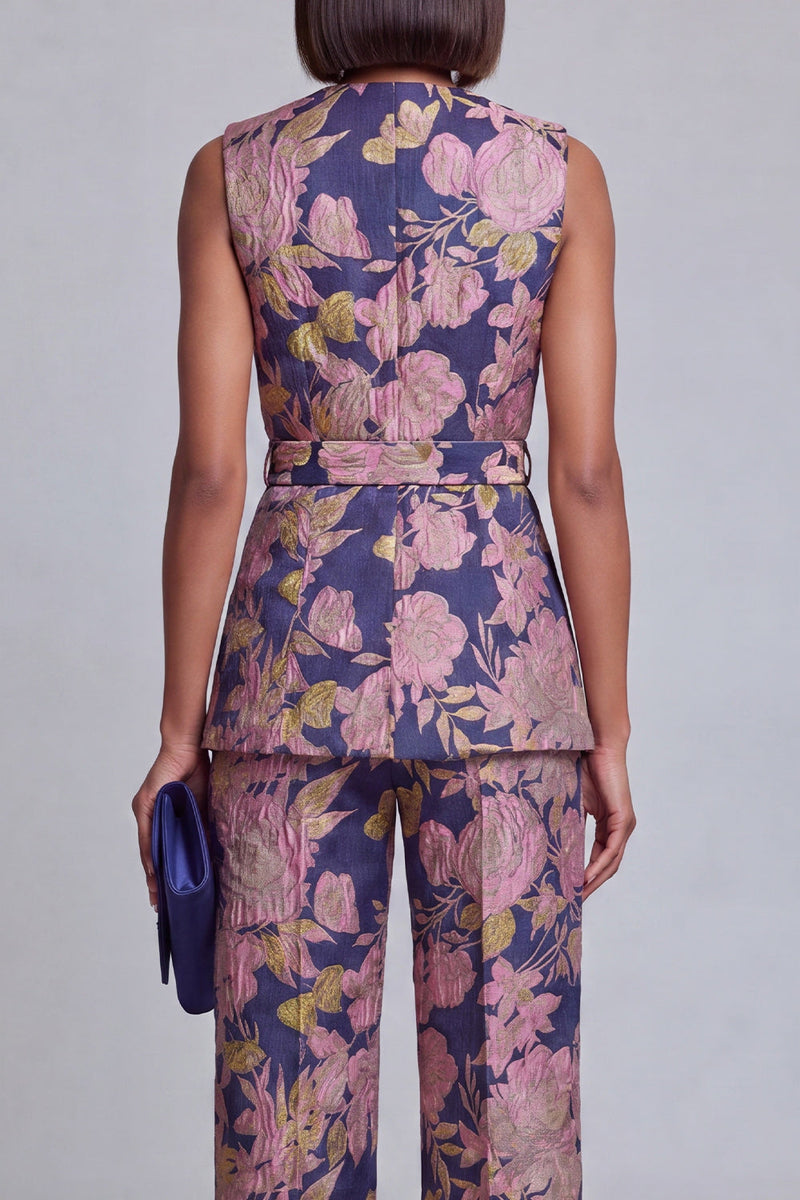 Load image into Gallery viewer, 2 Piece Floral Navy Pink V-Neck Prom Suits